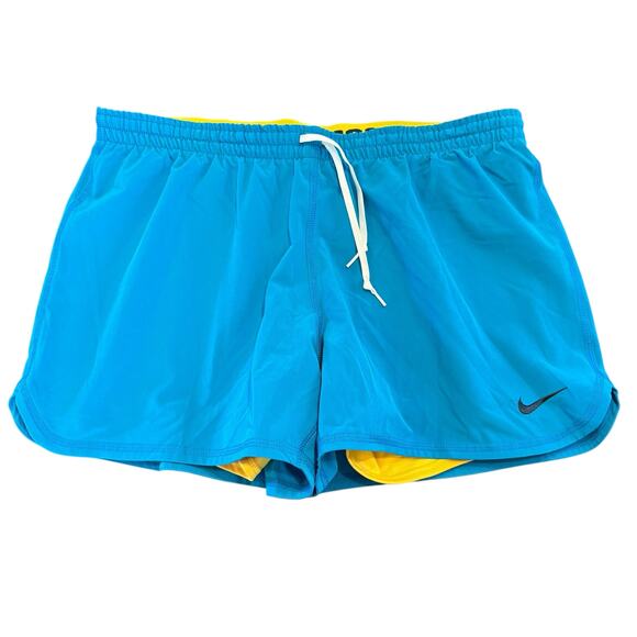 Nike Women’s NEW bright blue athletic shorts w yellow bikers, Size Large - Picture 1 of 4
